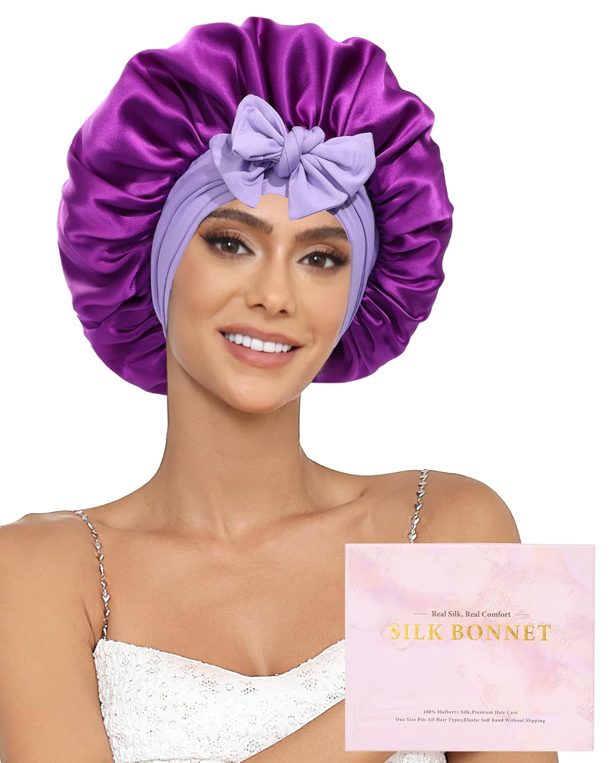 100% Mulberry Silk Bonnet for Sleeping Women Double Layer Silk Hair Bonnet Natural Silk Sleep Cap with Elastic Reversible Hair Wrap (Violet + Wisteria)
