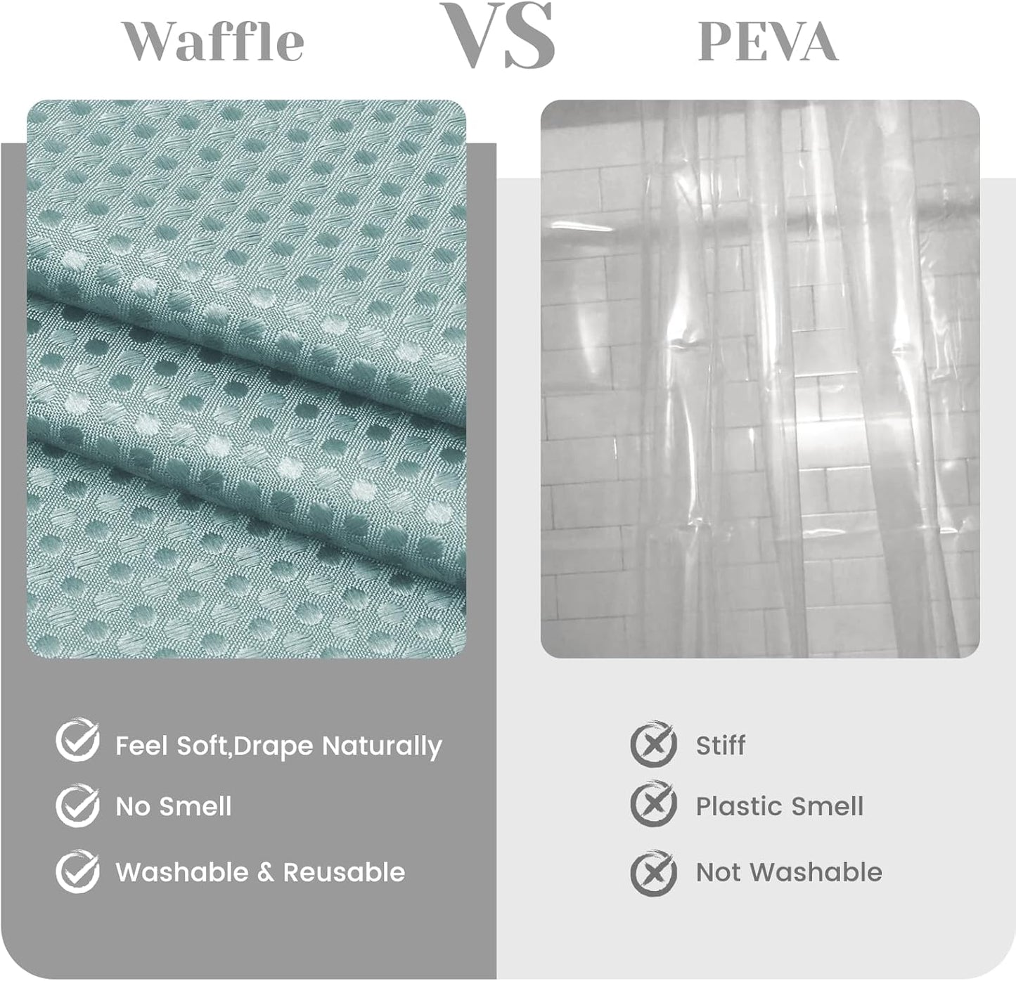 No Hook Shower Curtain with Snap in Liner Set Waffle Shower Curtain for Bathroom Hotel Style Fabric Waterproof Inner Liner，71" W x 74" H, Teal