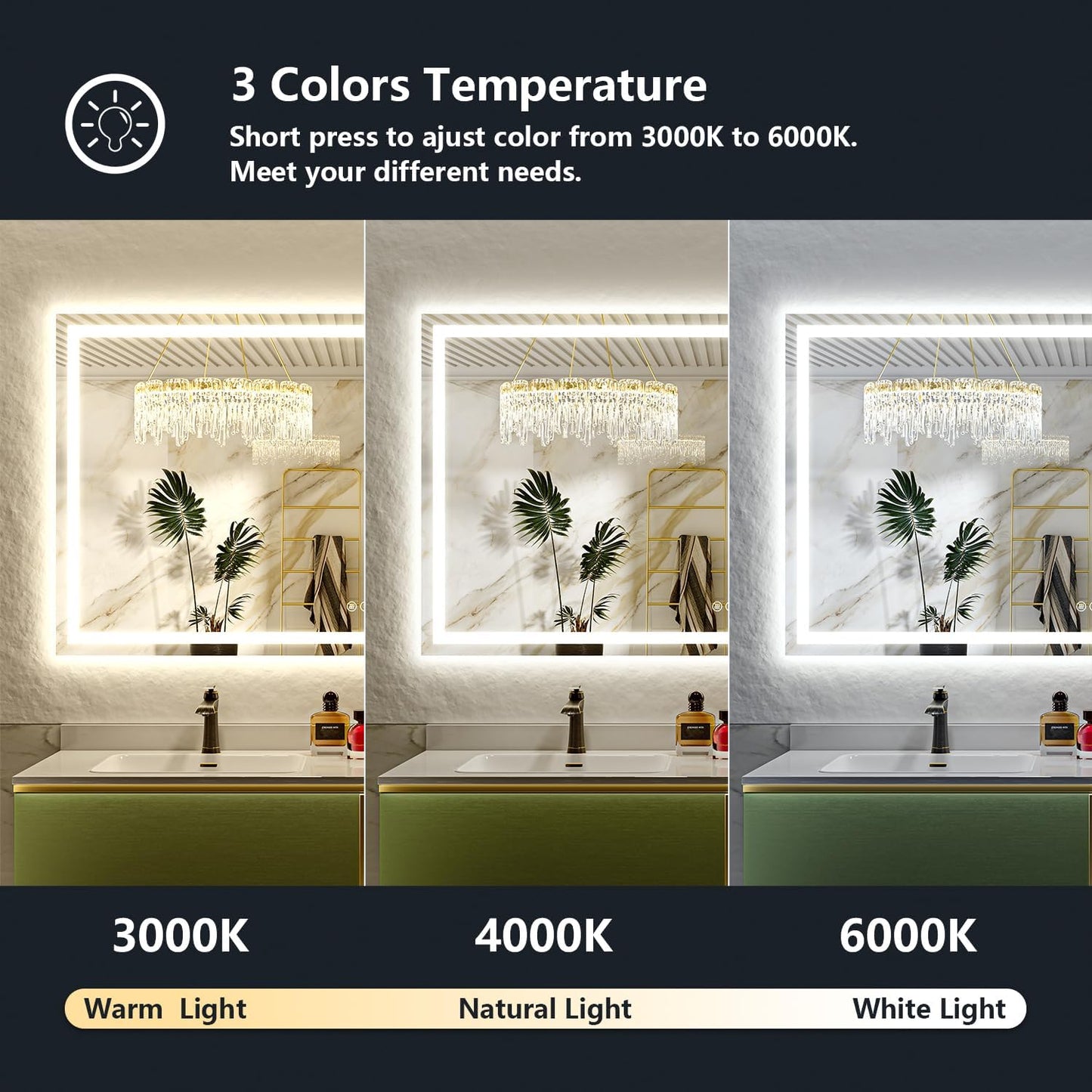 66x36 Inch LED Bathroom Mirror with Lights Front and Backlit Lighted Vanity Mirror for Bathroom Wall with 3 Colors Dimmable Anti-Fog Memory Shatter-Proof IP54 Waterproof Horizontal/Vertical