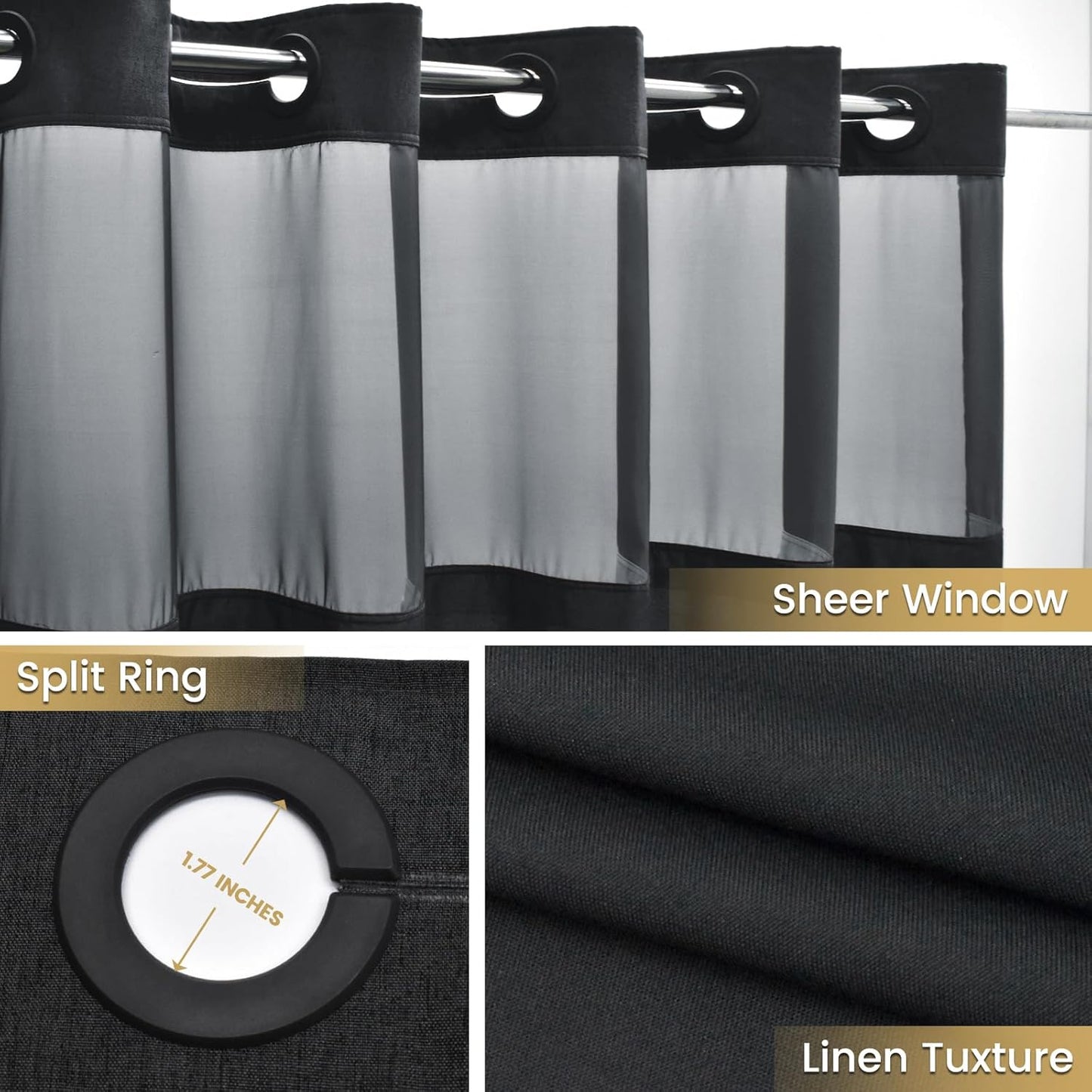 Extra Long No Hook Shower Curtain with Snap in Liner, Polyester Textured Shower Curtain with Liner Set, Waterproof Washable Hotel Style Shower Curtains for Bathroom, 71Wx86H, Black