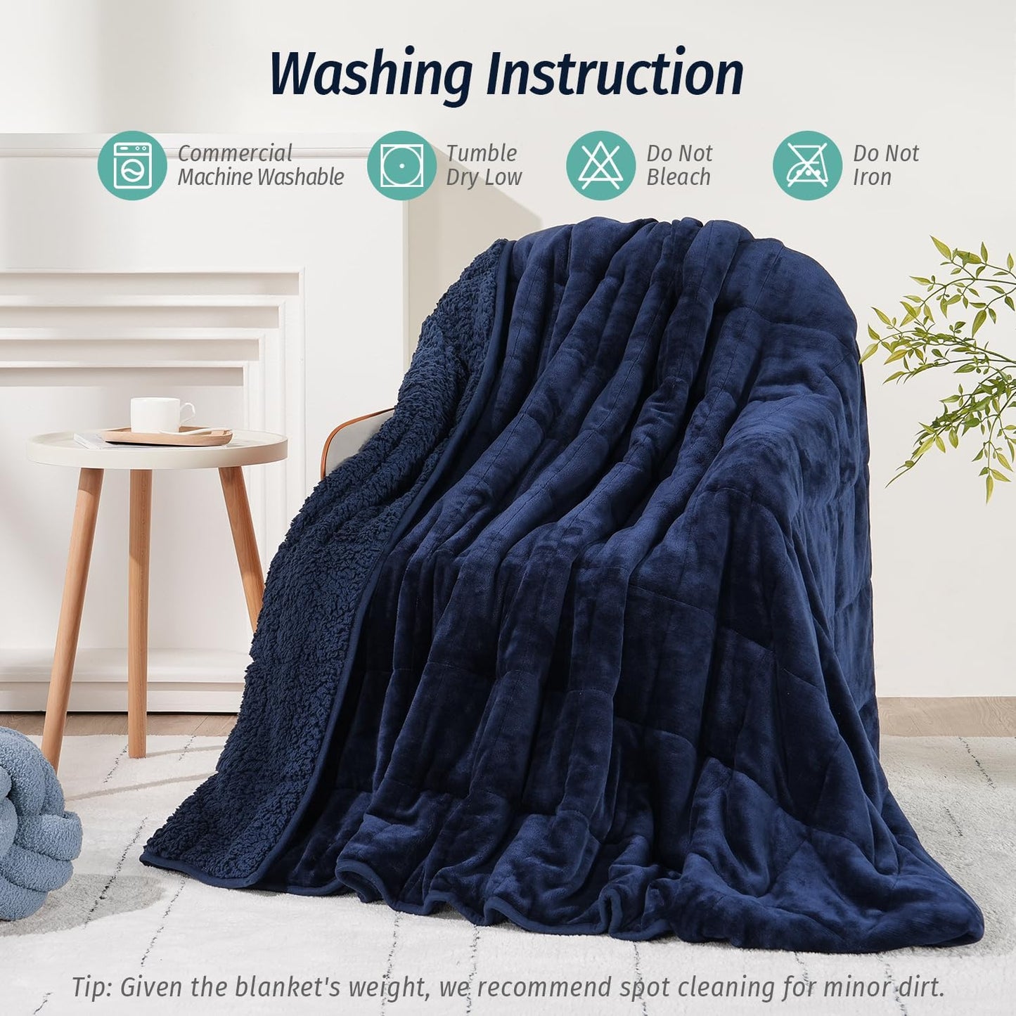 Wemore Sherpa Fleece Weighted Blanket for Adult, 15 lbs Dual Sided Cozy Fluffy Heavy Blanket, Ultra Fuzzy Throw Blanket with Soft Plush Flannel Top, 48 x 72 inches, Navy Blue on Both Sides