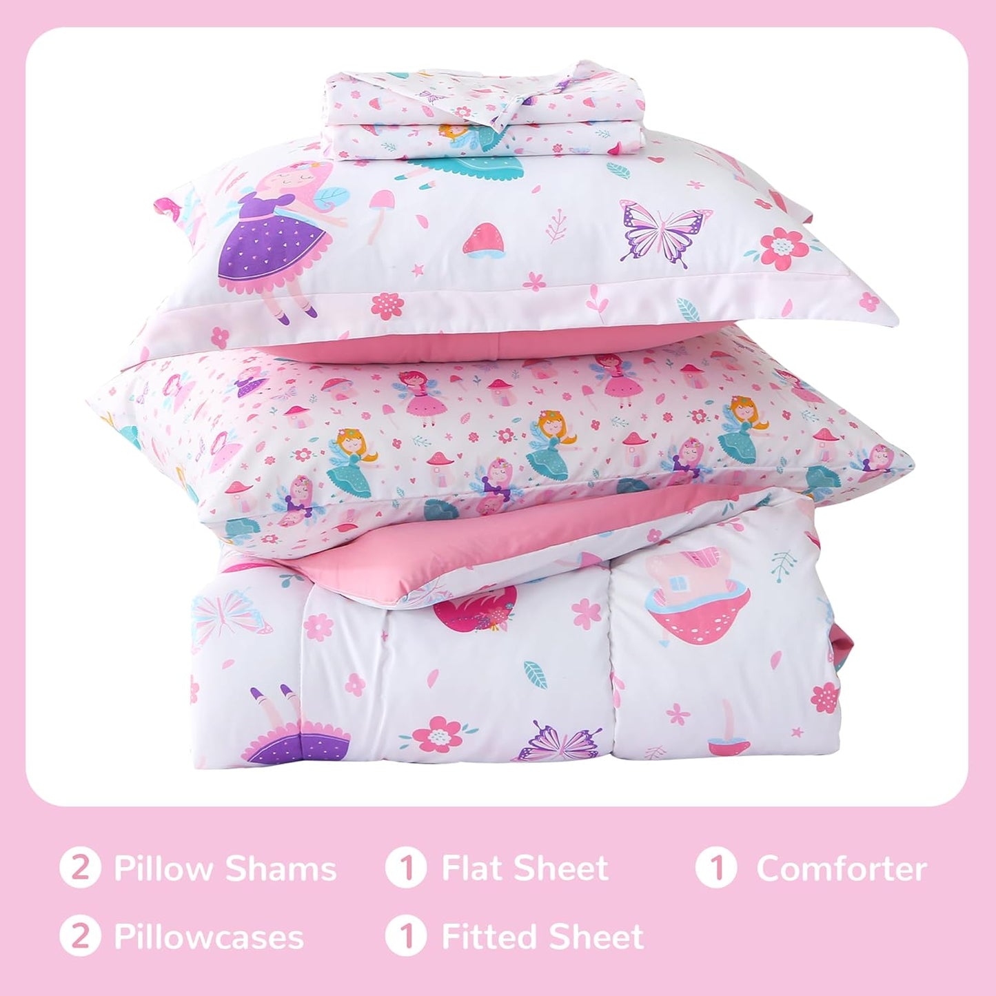 Viviland Kids Full Bedding Sets for Girls, Soft Full Comforter Set with Sheets, 7 Pieces Microfiber Bed in a Bag, Fairy Mushroom