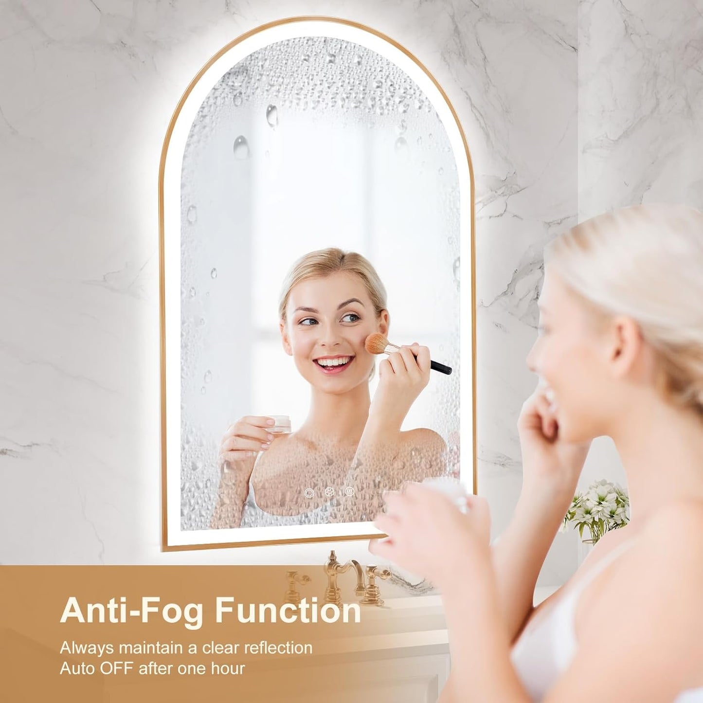Arched LED Mirror for Bathroom 24"x36", Orange Gold LED Bathroom Mirror with Lights, Fogless, Dimmable, Shatterproof, Touch Sensor, 3 Color Changing