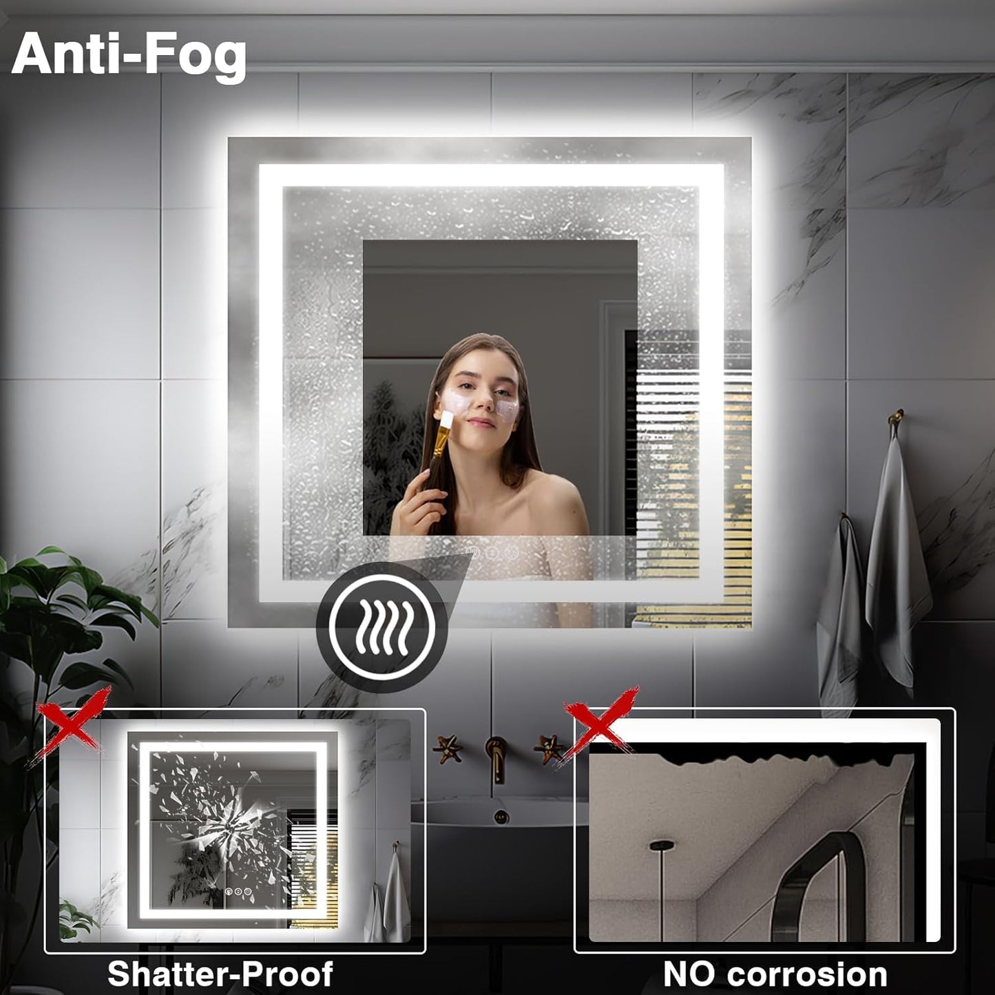36"x36" Square LED Bathroom Mirror - Front & Backlit, Anti-Fog Vanity Mirror with Stepless Dimmable Lights, 3 Color Smart Mirror (Horizontal/Vertical)