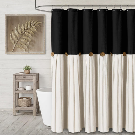 Farmhouse Shower Curtain Linen Bow Woven Fabric Country Rustic Western, Black & Cream 72" W x 72" L
