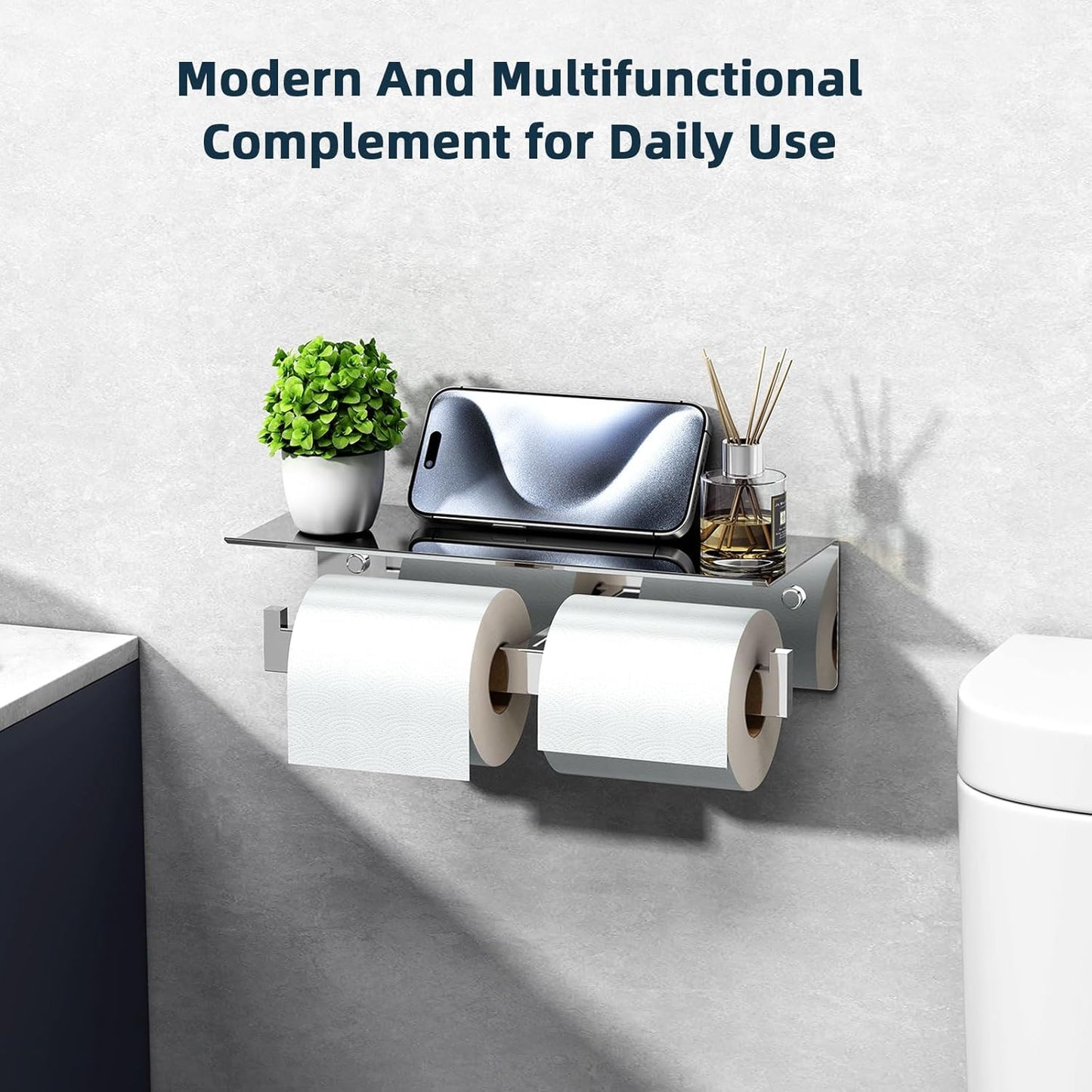 Angle Simple Double Toilet Paper Holder with Shelf Polished Chrome, 304 Stainless Steel Toilet Tissue Roll Holder Wall Mount