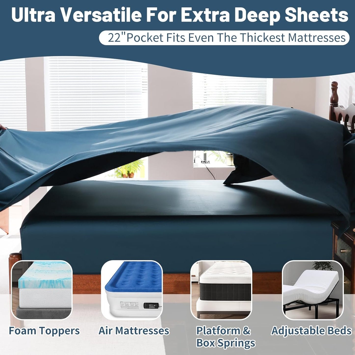 Extra Deep Pocket California King Sheets 18-24 Inch 1000 Thread Count 100% Egyptian Cotton Sateen Weave Soft Breathable 4 Pieces（California King,Navy）