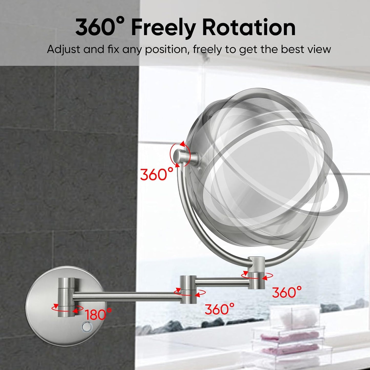 GURUN Wall Mounted Hardwired Makeup Mirror with 3 Dimmable LED Lights 10x Magnifying Mirror for Bathroom Touch Control 13" Extendable Arm Direct Wire Brushed Nickel M1809DN (10x,Nickel)