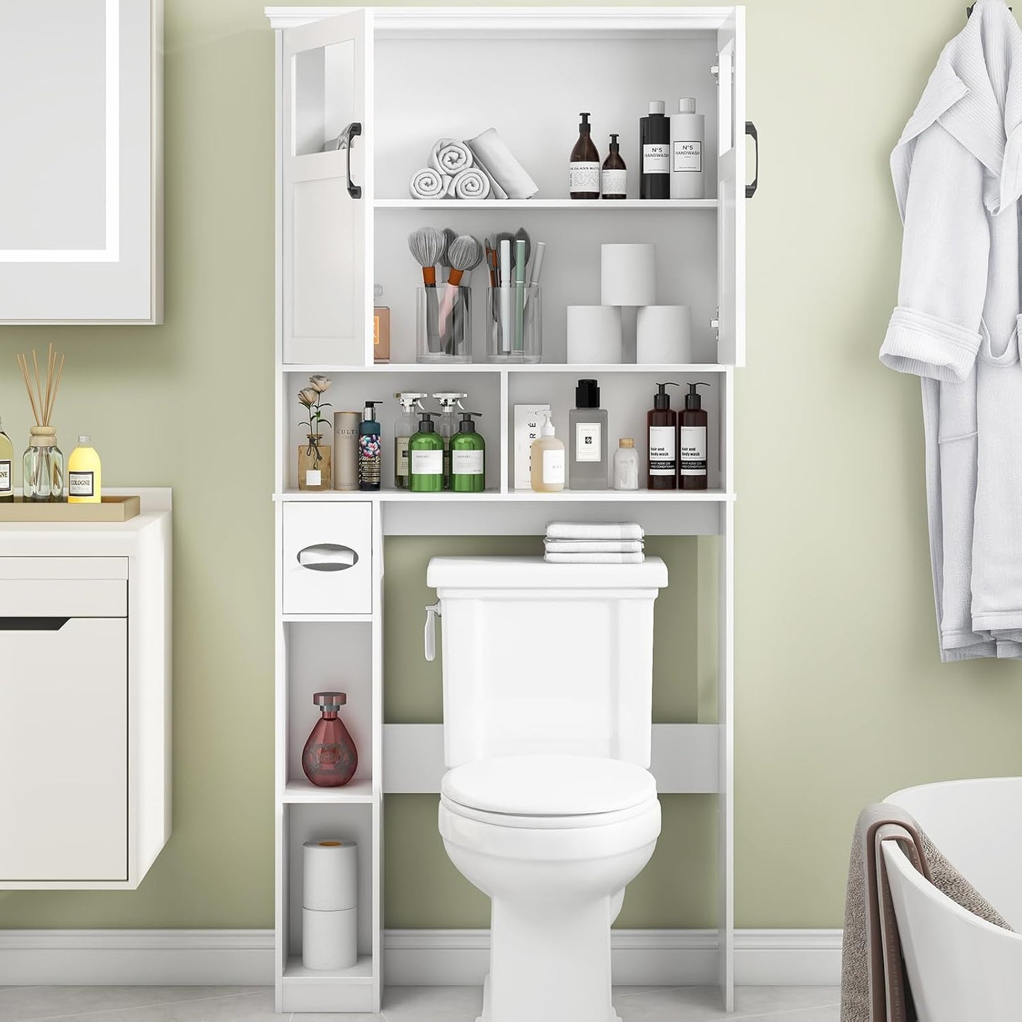 Vabches Freestanding Toilet Storage Cabinet with Double Doors, Shelf Space Saver, Anti-Tip Design & Adjustable Shelf, White