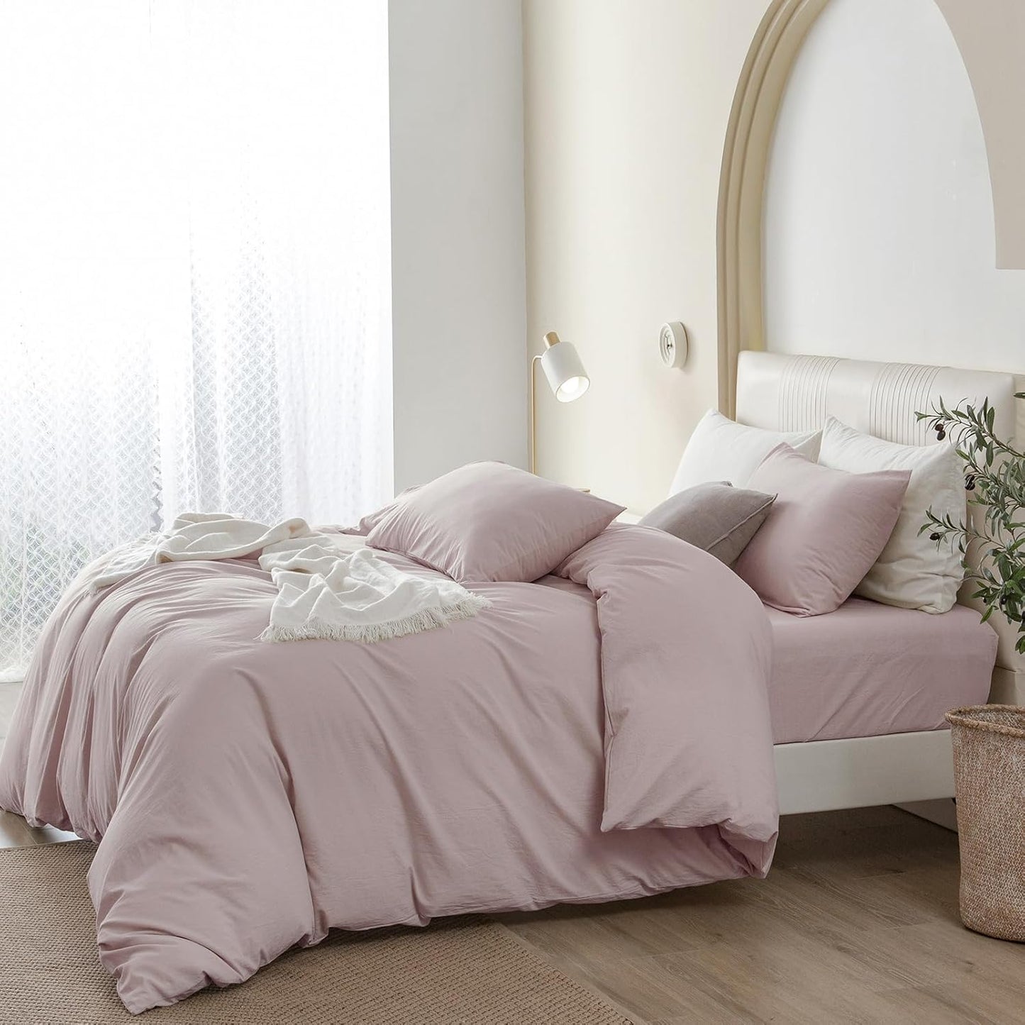 JIYUAN 100% Washed Cotton Duvet Cover Set 2 Pieces Twin, 1 Duvet Cover 68x90 Inches (Comforter Not Included) and 1 Pillowcases,Linen Feel Bedding Set Comfy and Breathable, Heathered Greyish Pink