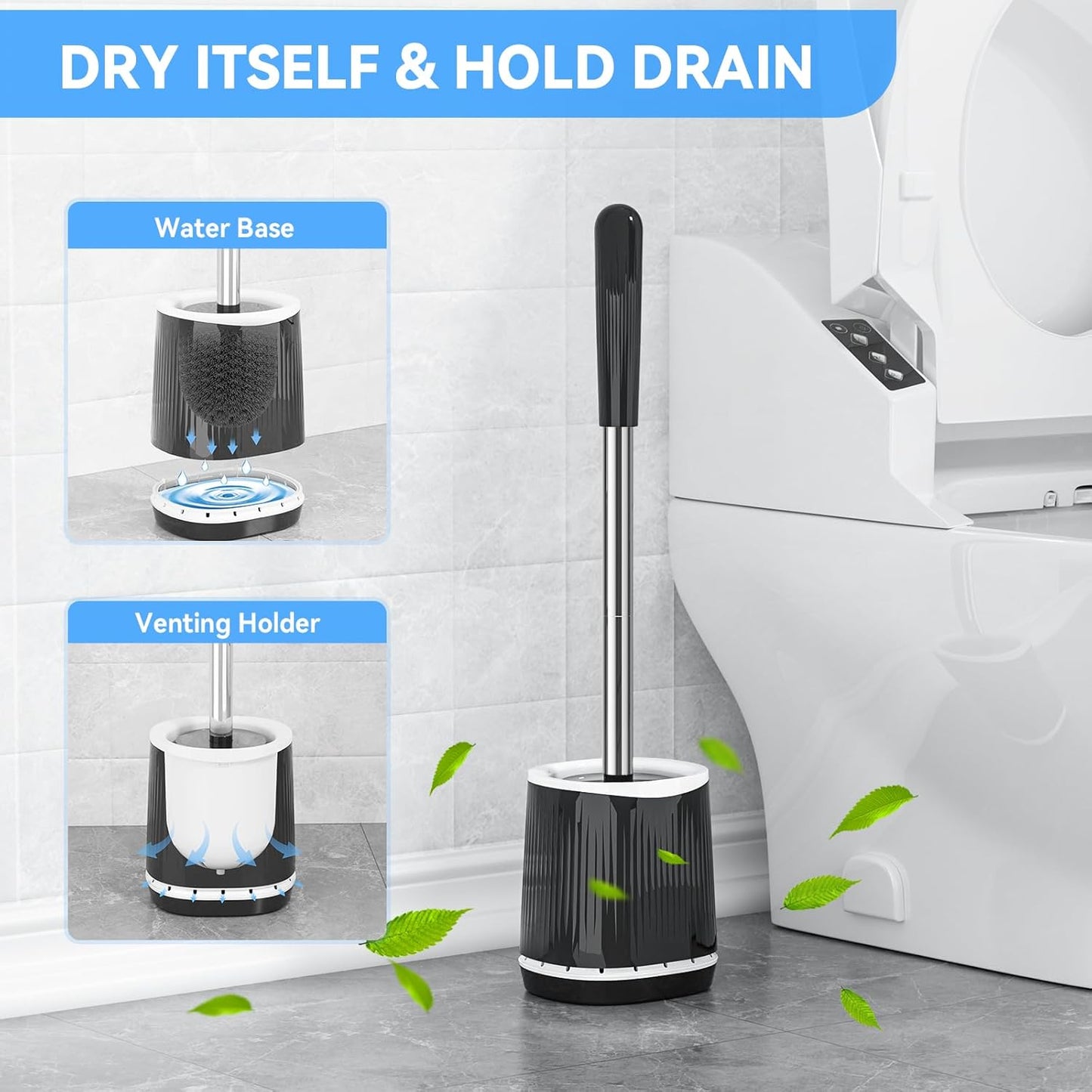 TRENTI Toilet Brush, Toilet Brush and Holder Set, Bristles Toilet Bowl Brush Head with Ventilated Holder, Wall Mounted Compact Toilet Brush Set for Bathroom Deep Cleaning (1, Black)