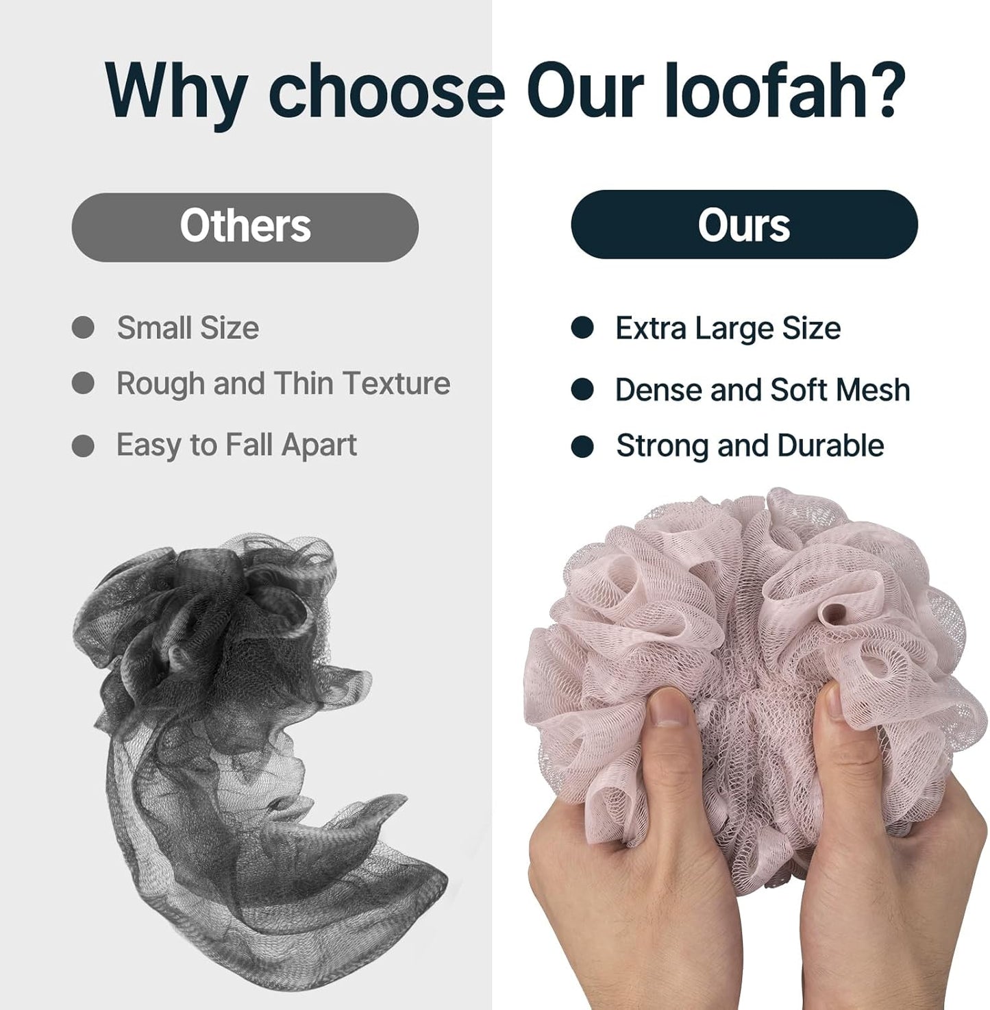 AmazerBath Loofah Sponge 60g/PCS, Shower Loofah for Men and Women - Body Scrubber Loofa Set of 3, Bath Sponge - Grey Blue-Pink-White