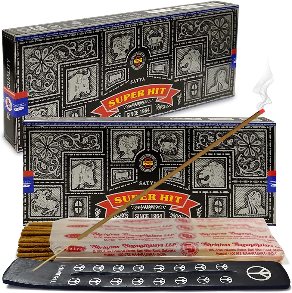 TRUMIRI Incense Stick Holder Bundle with Satya Super Hit 100g Incense Sticks - Pack of 2 (Approx 200 Sticks)