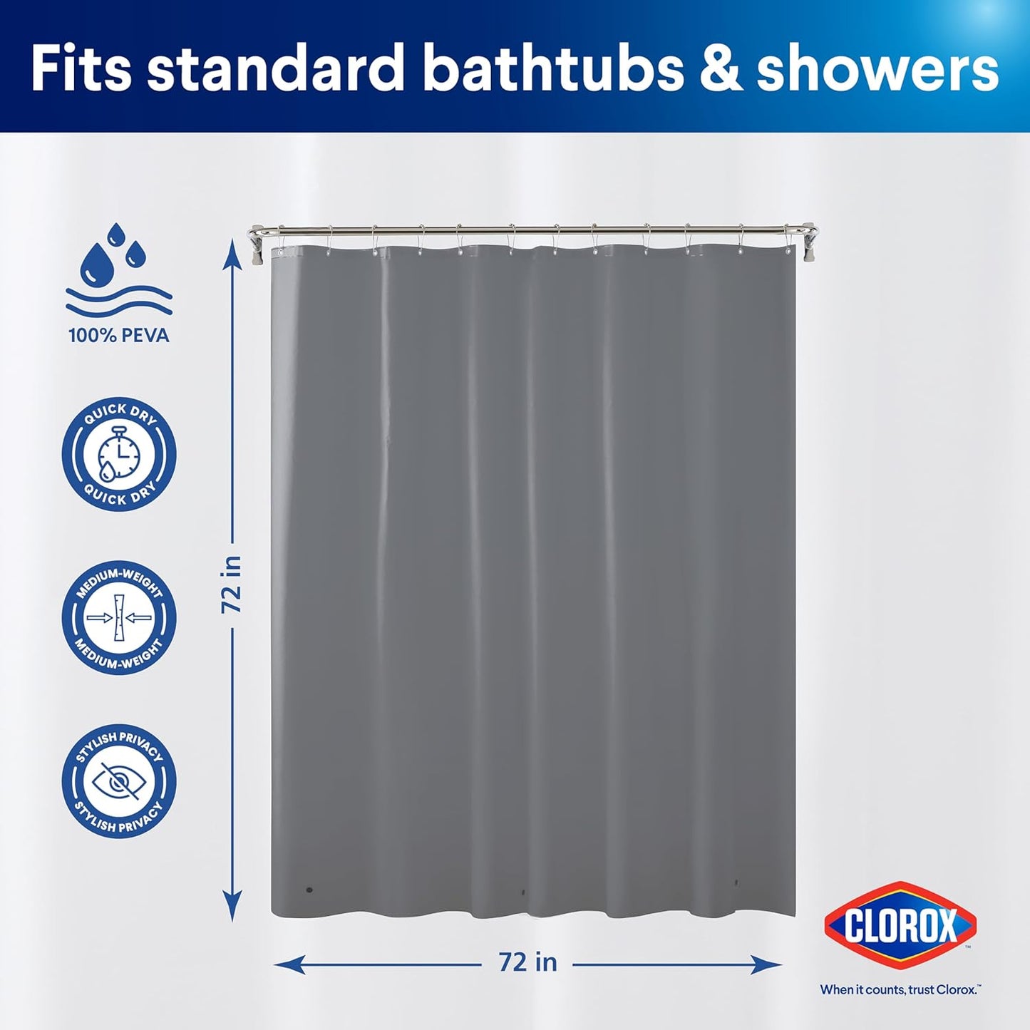 CLOROX Shower Curtain Liner, Premium Colored Medium-Weight Durable Waterproof 6g PEVA for Bathroom with Weighted Magnets, Standard Size 72" x 72", Grey