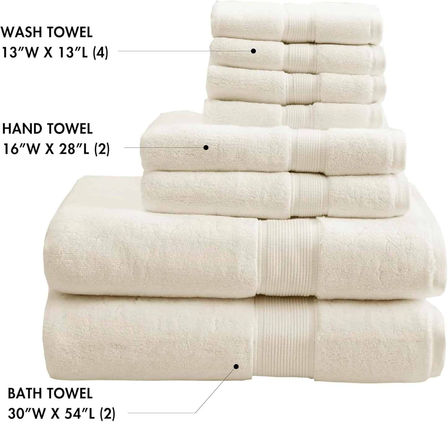 Madison Park 800GSM 100% Cotton Luxury Bathroom Towels ,Long Oversized Linen Cotton Bath Towel Set , 8-Piece Include 2 Bath Towels, 2 Hand Towels & 4 Wash Towels, Cream