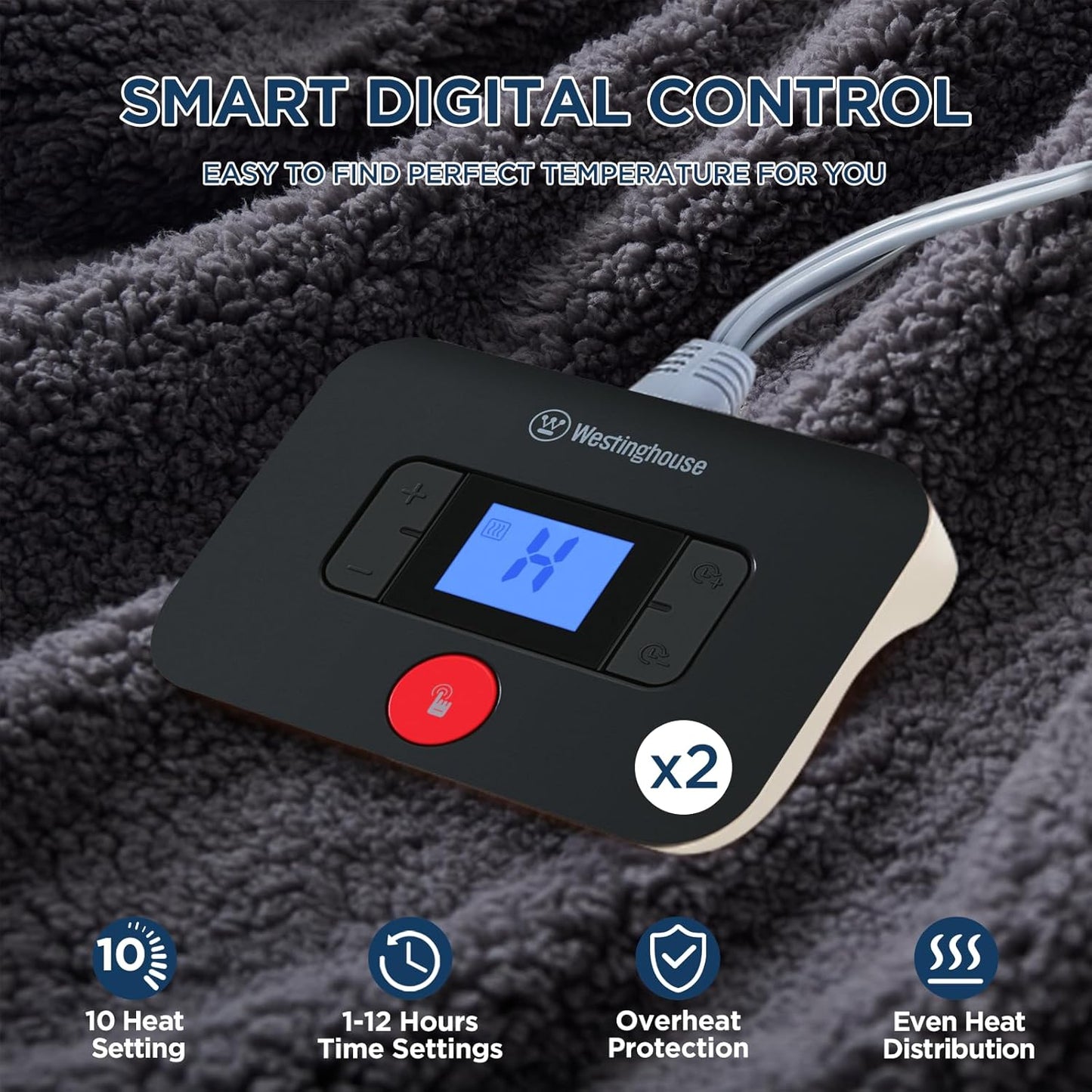 Westinghouse Electric Blanket King Size, Soft Plush Sherpa Heated Blanket with 10 Heating Levels & 1-12 Hours Auto-Off, Machine Washable, 100x90 inches, Darkgrey