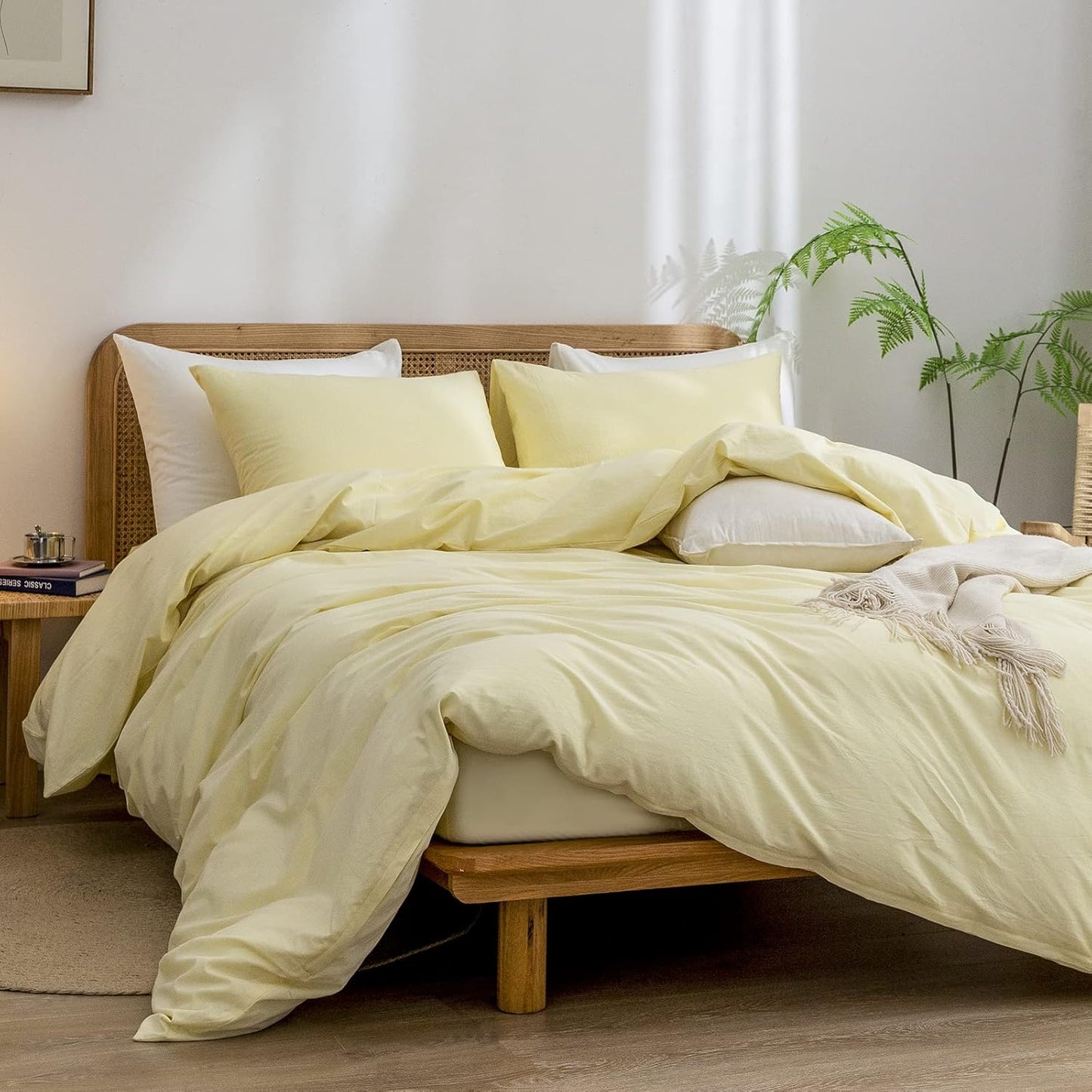 BESTOUCH Duvet Cover Set 100% Washed Cotton Linen Feel Super Soft Comfortable Chic Lightweight 3 PCs Home Bedding Set Solid Light Yellow Queen