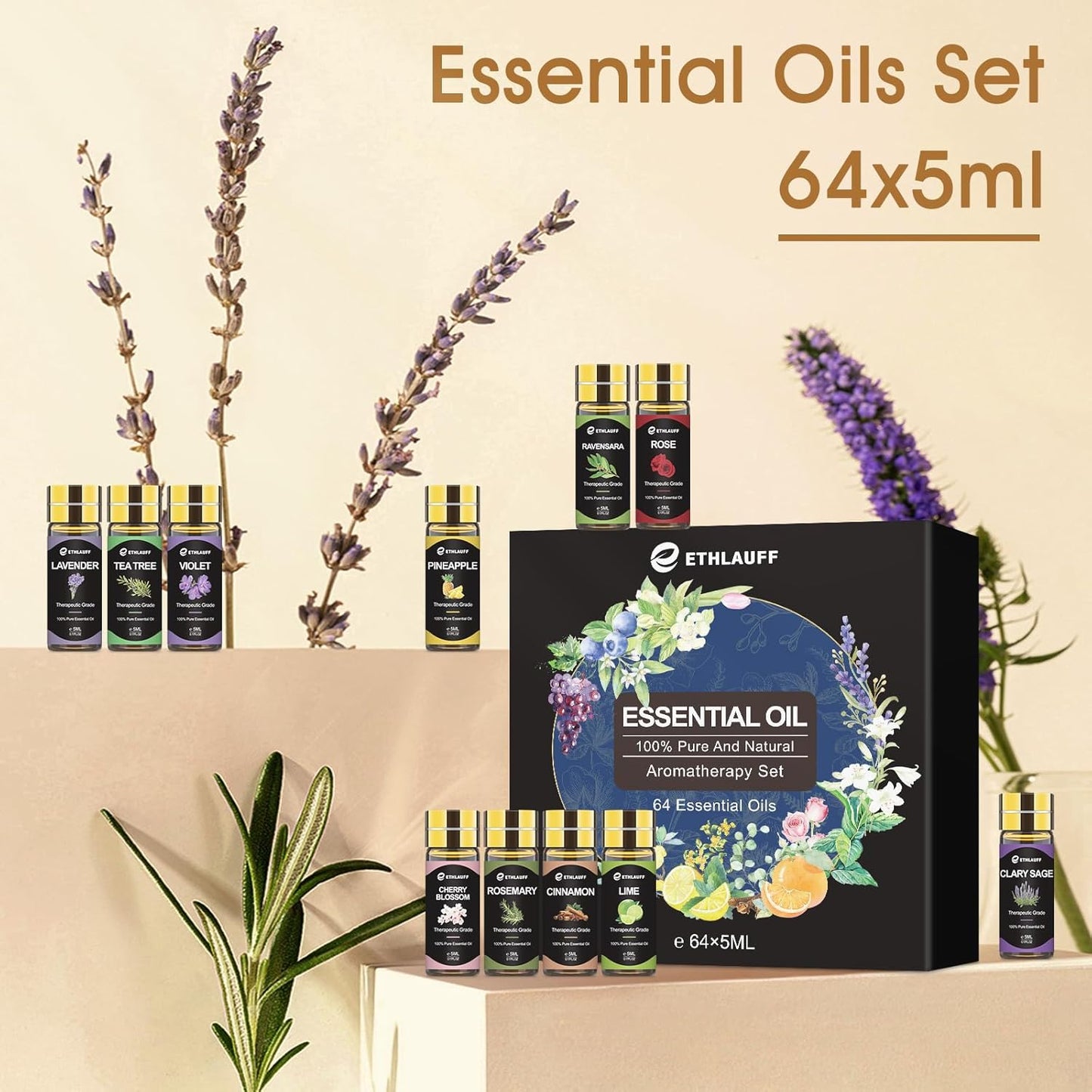Essential Oil Set 64 Pack -Aromatherapy Essential Oils Kit-Fragrance Oils Perfect for Diffuser, Humidifier, Massage,Soap, Skin & Hair Care, Candle Scented Oil (0.17oz)