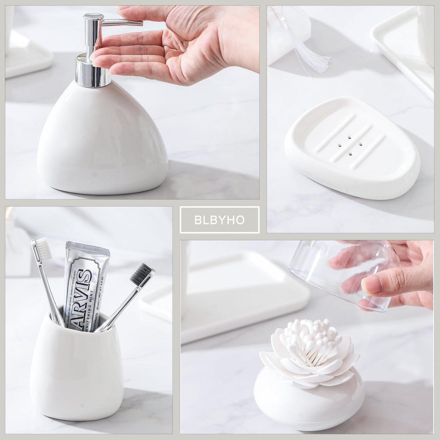Ceramic Bathroom Accessory Set, 7 Pieces Countertop Accessories, Include Soap Dispenser, Toothbrush Holder, 2 Tumbler Cup, Soap Dish, Plastic Vanity Tray, Qtip Holder (White)