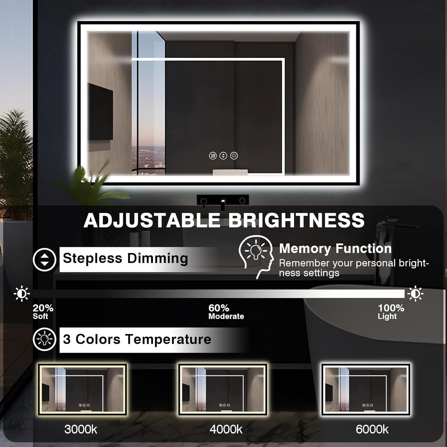 60x30 Large LED Bathroom Vanity Mirror - Black Aluminum Framed, Anti-Fog Illuminated, Stepless Dimmable, 3 Colors Smart (Horizontal/Vertical)