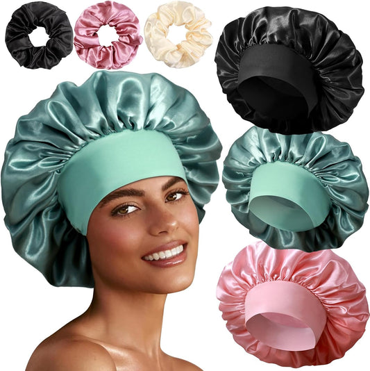 3+3 Large Satin Bonnets with Scrunchies for Women, Wide Band Hair Bonnet for Sleeping Braids Curly Hair
