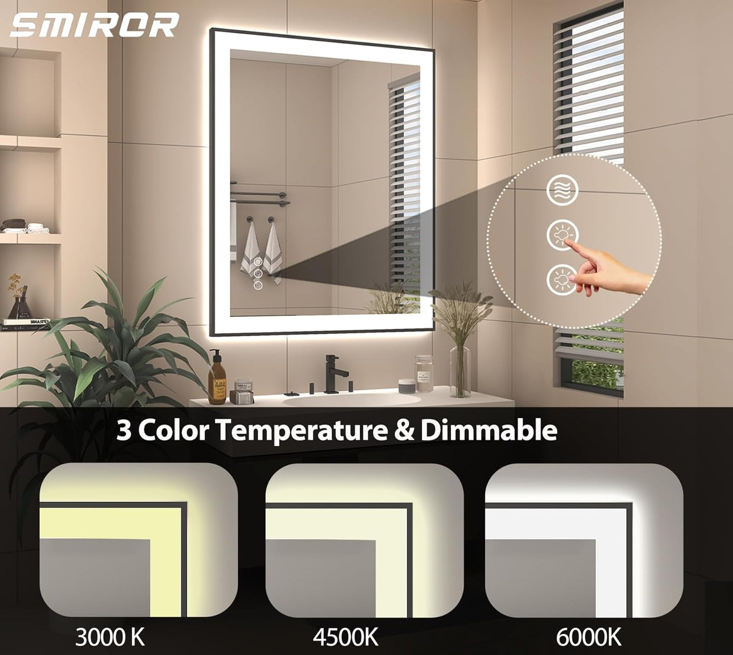 SMIROR 24x 36 LED Mirrors Bathroom Wall, Lighted Vanity Mirrors with Lights, Dimmable, Anti-Fog, Memory, Shatterproof, ETL Listed (Front and Backlit)