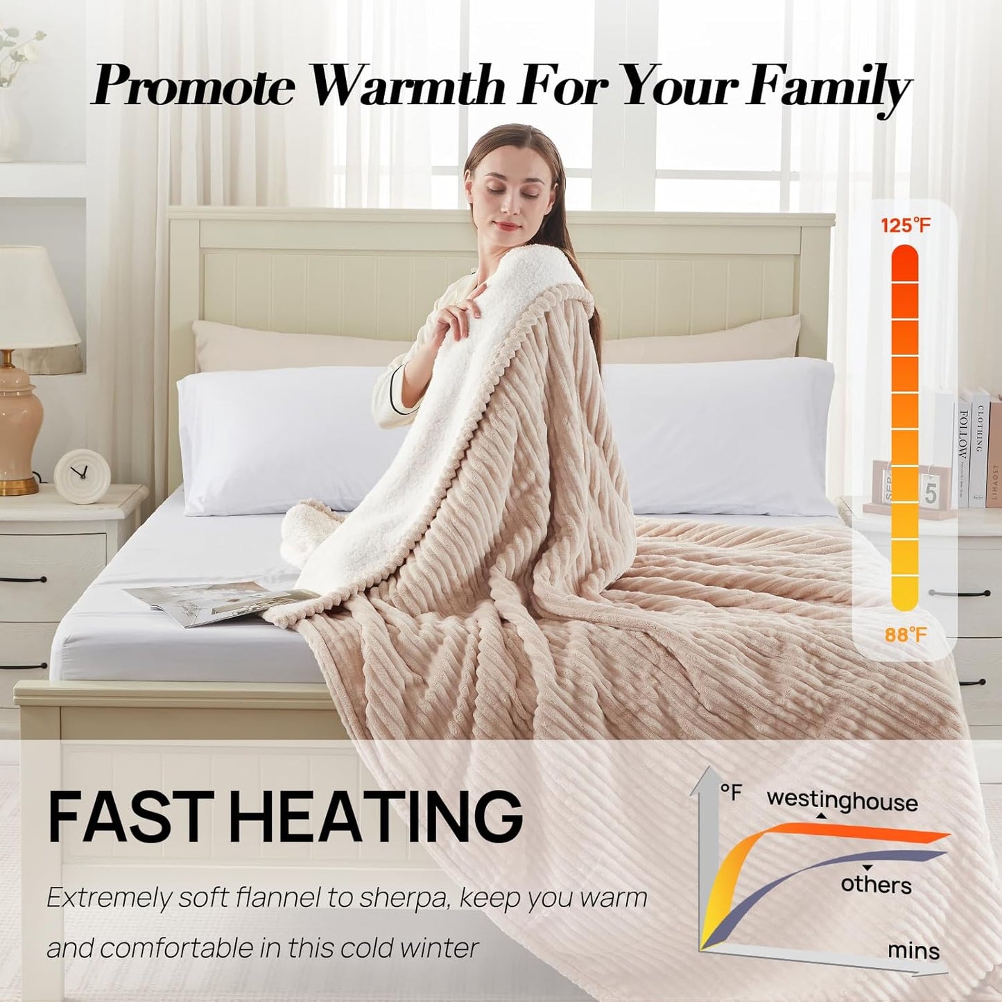 Westinghouse Full Size Heated Blanket, Soft Flannel to Sherpa Reversible, Electric Blanket Full with 10 Heating Settings & 1-12 Hours Auto Shut Off, Machine Washable, (72" x 84", Beige)