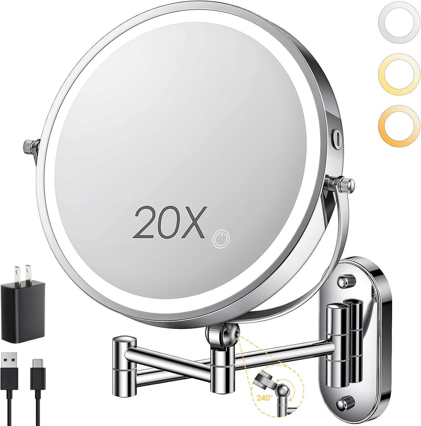 9" Wall Mounted Lighted Makeup Mirror,4000mAh Rechargeable Double Sided 1X/20X Magnifying Mirror with Light,Touch Dimmable,Extended Arm 360 Rotation Wall Mounted Makeup Mirror 3 Color Lights