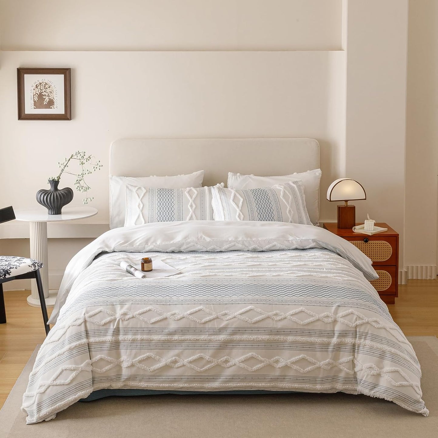 Cottonight White Blue Boho Comforter Set Full Farmhouse Tufted Bedding Set Soft Bohemain Shabby Chic Blanket Quilts Embroidery Rustic Luxury Soft 3PCS Bed Set for Women Men