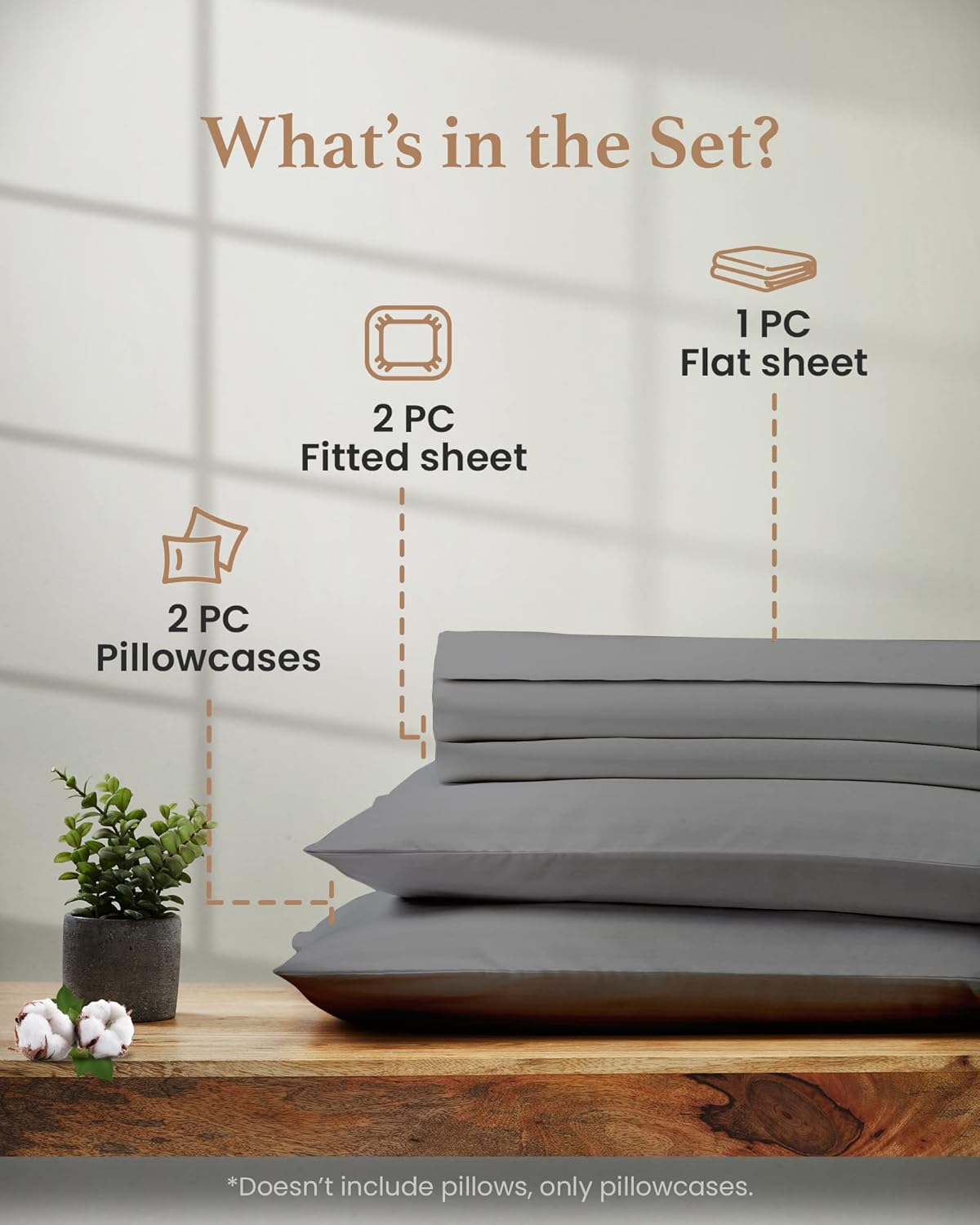 Good Sleep Bedding Split King Sheets Set, 100% Egyptian Cotton, Luxury Sateen Sheets, 5 Piece, 2 Fitted - 16" Deep Pocket, Light Gray