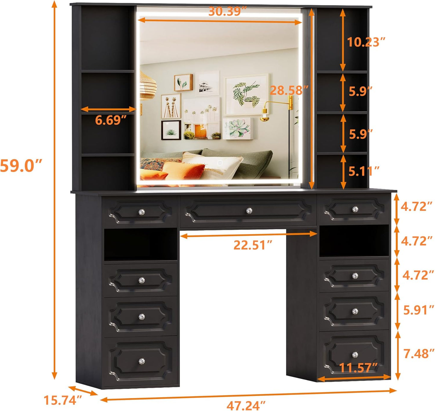 Makeup Vanity with 30" HD Lighted Mirror, 47" Large Vanity Desk with 9 Drawers & 10 Open Storage Shelves, Brightness Adjustable, Dressing Table for Bedroom, Women Girl (Black, B Panel)