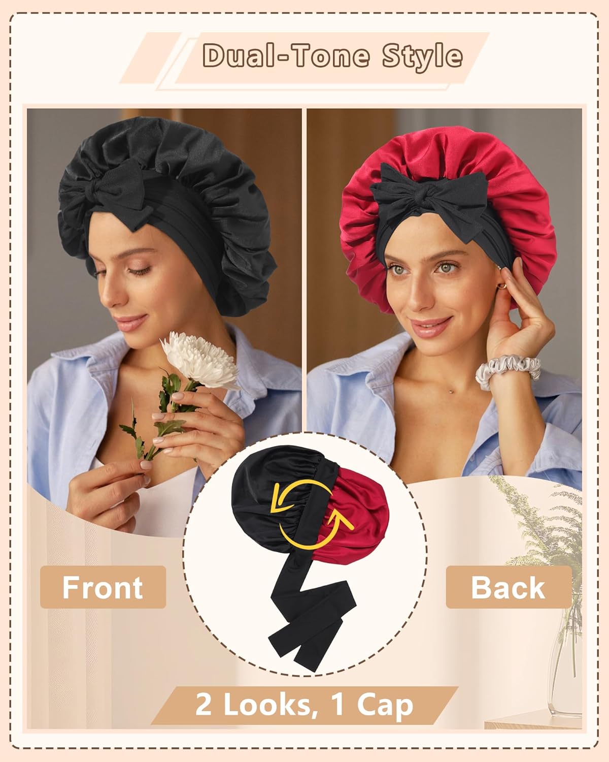 AWAYTR Women Satin Bonnet for Sleeping - Double Layer Silk Hair Bonnet with Elastic Tie Band for Braids Curly Hair