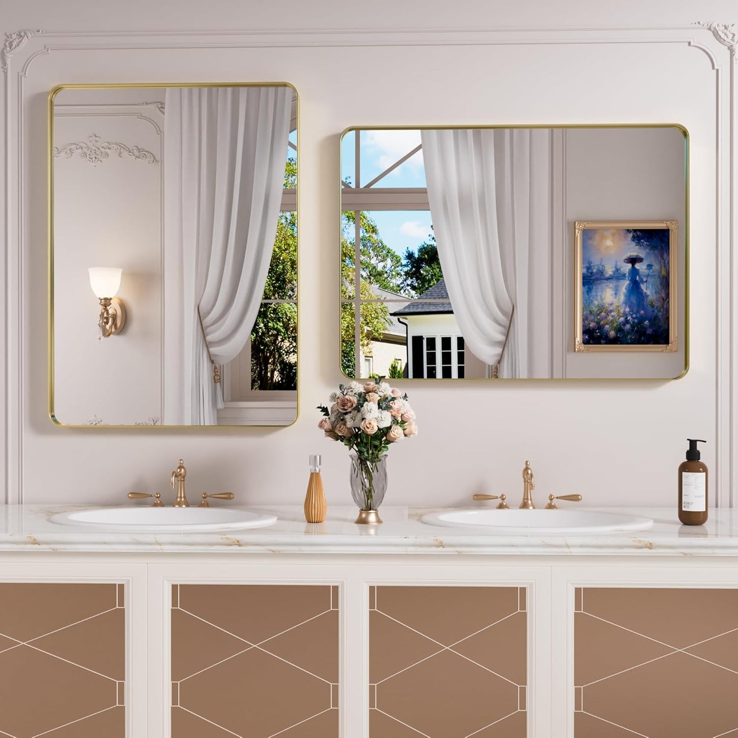 Gold Bathroom Mirror, 22x30 Inch Brushed Gold Metal Frame Mirror for Wall, Rounded Rectangle Bathroom Vanity Mirror, Tempered Glass, Anti-Rust, Horizontal/Vertical
