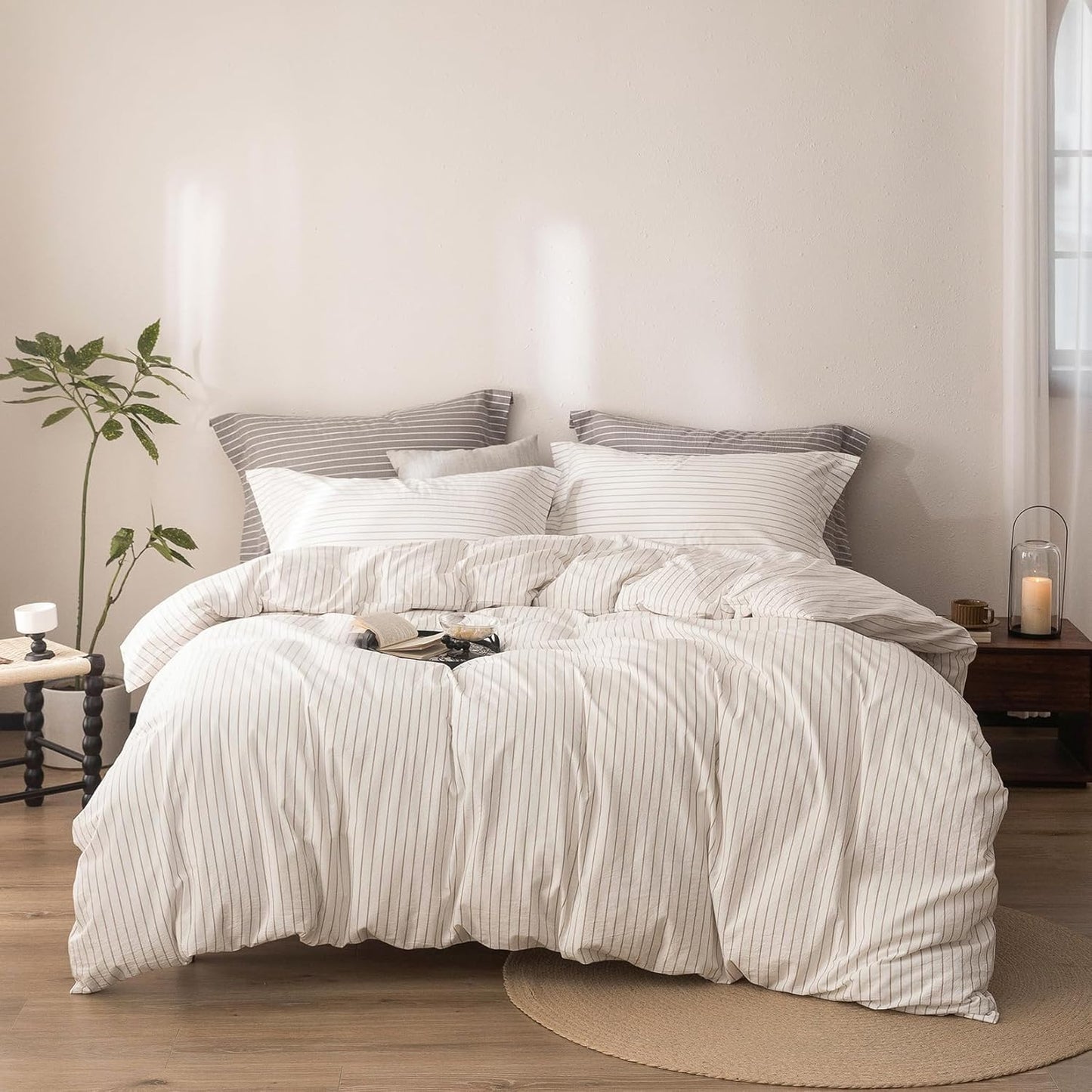 Stripe Duvet Cover Super King Size 108inch x 98inch,100% Washed Cotton Linen Feel Duvet Cover with Zipper Closure and 2 Pillowcases, Color of Off White-Linen Grey Stripe