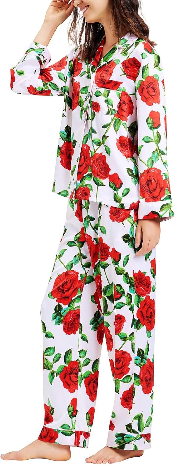 Lonxu Silk Satin Womens Pajama Sets Button Down Sleepwear Loungewear XS~3XL