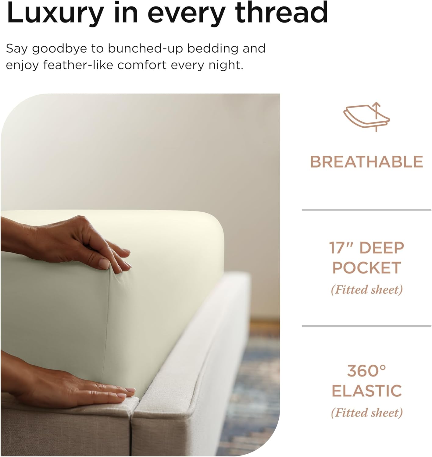Threadmill Certified 100% American Supima Cotton Sheets, California King Sheet, 1000 Thread Count Hotel Quality Sateen Weave, 4 Pc Luxury Bed Sheet Set, Ivory Sheets with Elasticized Deep Pocket