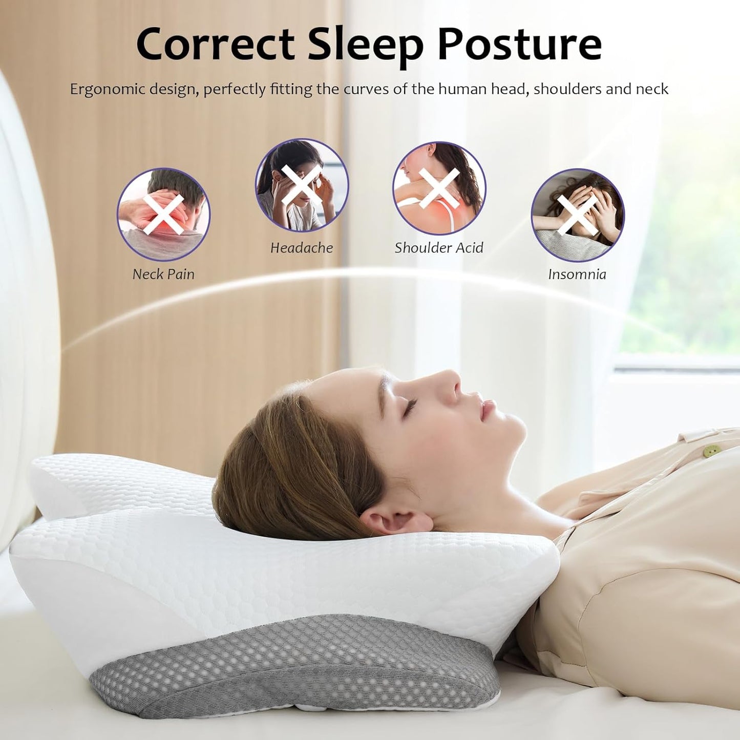 Memory Foam Pillows, Cervical Pillow for Neck and Shoulder Pain Relief, Ergonomic Contour Bed Pillow, Soft for Side Sleep Stomach Sleeping and Back Sleeper (White)