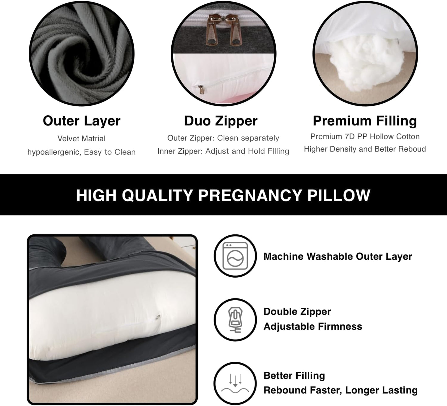 ALLOPERA Pregnancy Pillow, Full Body 57 Inch Maternity Pillow with Removable Washable Cover - Sleep Support for Legs, Back, Neck, Shoulder, HIPS, Belly for Pregnent Women, Black Grey Velvet Cover