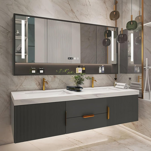 Bathroom Vanity with Double Sink, Modern Bathroom Vanities Compo Includes LED Smart Defogging Mirror Cabinet and Open Shelf, Solid Wood Bathroom Sink Vanity with Slate Countertop (Dark Grey,92")