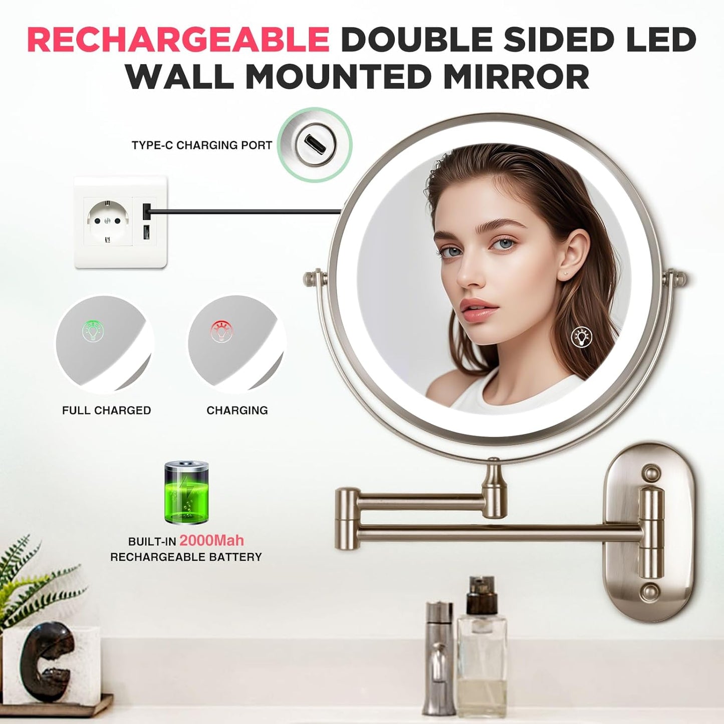20X Magnifying Mirror with Light: 8.5 Inch Lighted Makeup Mirror, Wall Mount, 360 Rotation, Touch Screen, Rechargeable, Brushed Nickel