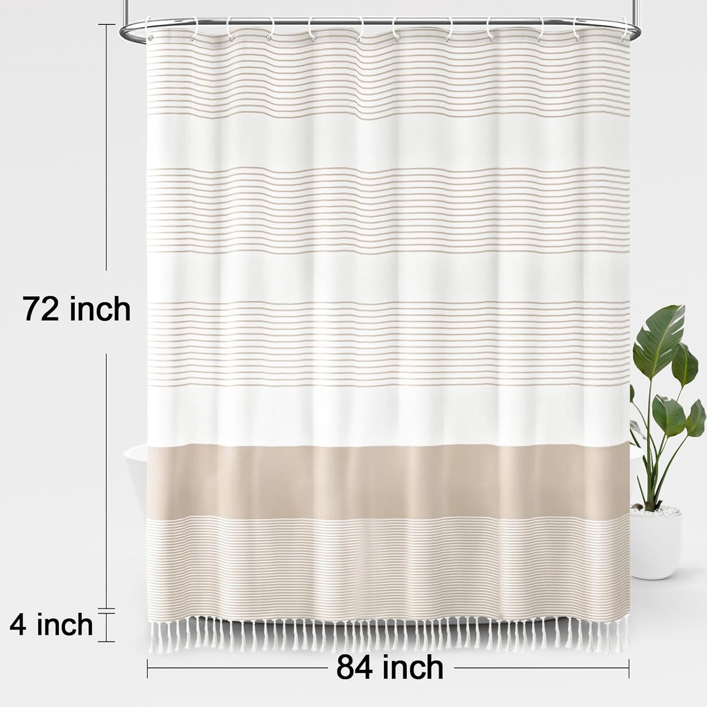 Awellife Boho Beige Shower Curtain for Bathroom Stripe Tassel Shower Curtain 84 X 72 Inches Farmhouse Cotton