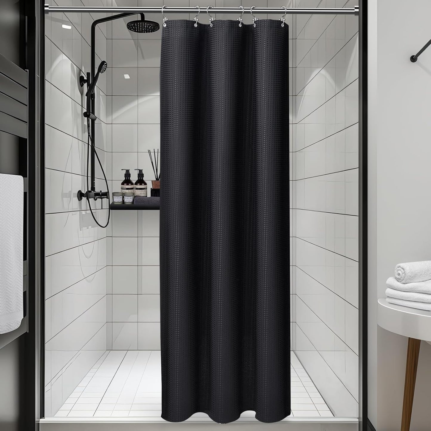 3 in 1 Shower Curtain Set, Waffle Shower Curtain and Liner Set with 6 Double Sided Shower Curtain Hooks, 258GSM Luxury Weighted Cloth Shower Curtains for Bathroom, 36 W x 72 H, Black