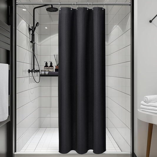 3 in 1 Shower Curtain Set, Waffle Shower Curtain and Liner Set with 6 Double Sided Shower Curtain Hooks, 258GSM Luxury Weighted Cloth Shower Curtains for Bathroom, 36 W x 72 H, Black