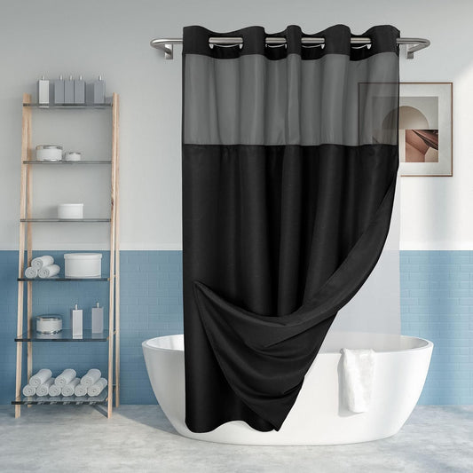 Extra Long No Hook Slub Textured Shower Curtain with Snap-in PEVA Liner Set - 71" x 98"(96"), Hotel Style with See Through Top Window, Black Fabric Curtain & Waterproof Liner, Black, 71x98