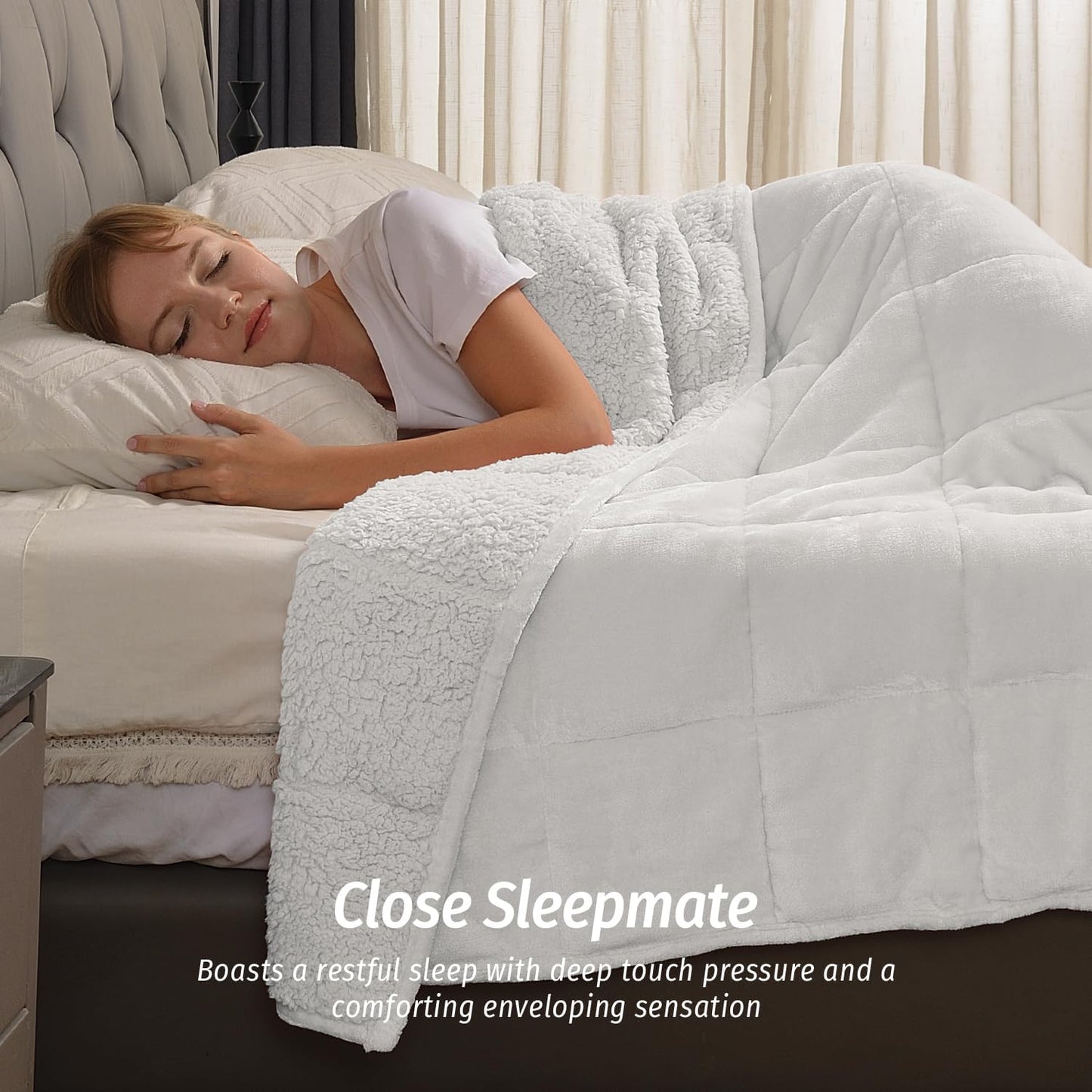 Wemore Sherpa Fleece Weighted Blanket for Adult, 15 lbs Dual Sided Cozy Fluffy Heavy Blanket, Ultra Fuzzy Throw Blanket with Soft Plush Flannel Top, 60 x 80 inches Queen Size White on Both Sides