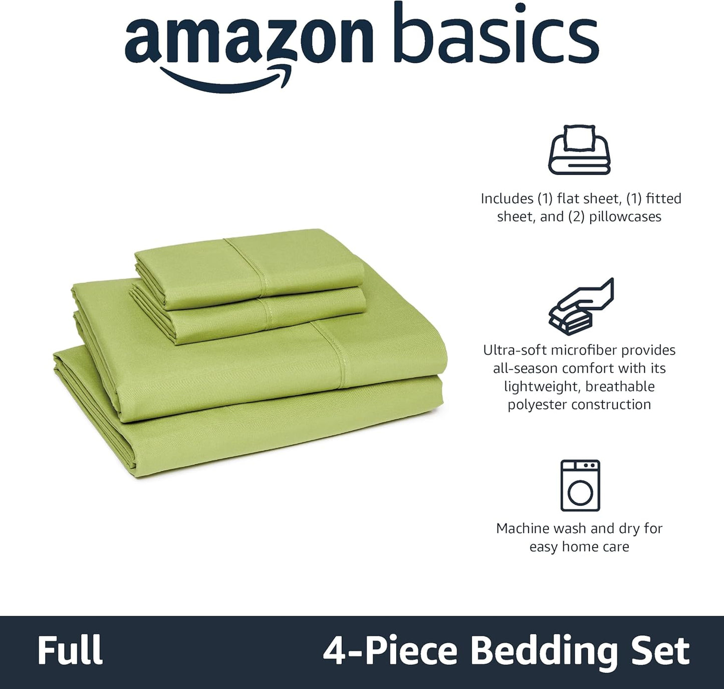 Amazon Basics Lightweight Microfiber 4-Piece Bed Sheet Set, Oliver Light, Solid, Full