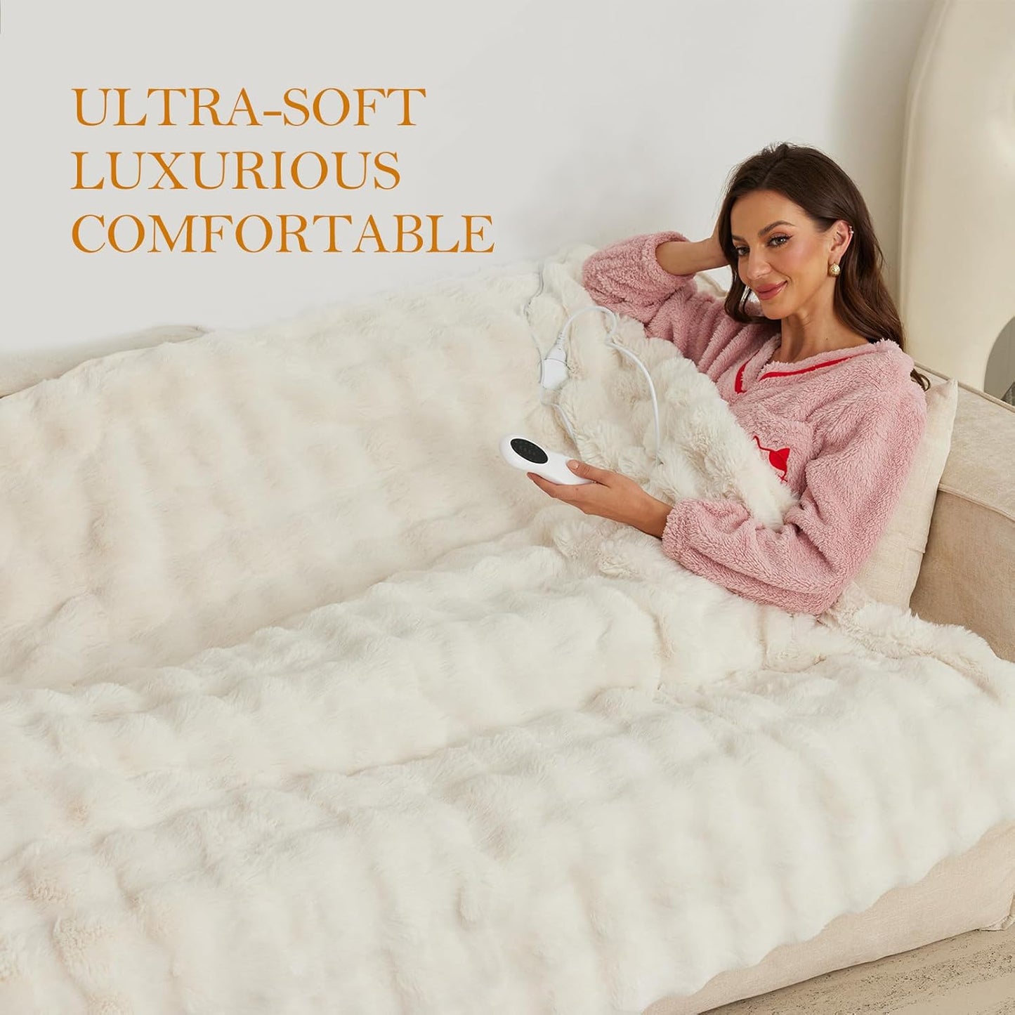Faux Rabbit Fur Electric Blanket Throw 51"x63" – Heated Blanket with 5 Heat Settings, Timer & Digital Display, Fast Heating, Machine Washable Bubble Plush Heating Throw（White