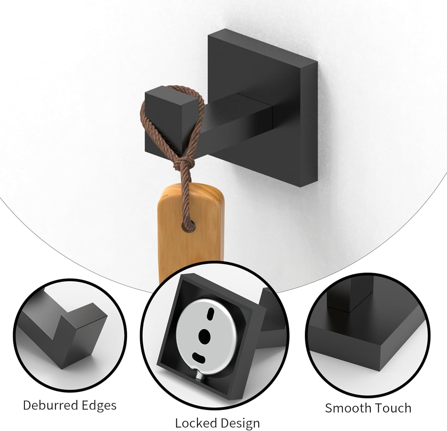 Ruacq Double Towel Hook Matte Black Square Base Bathroom Robe Towel Holder Hand Towel Hanger Stainless Steel Modern Wall Mounted