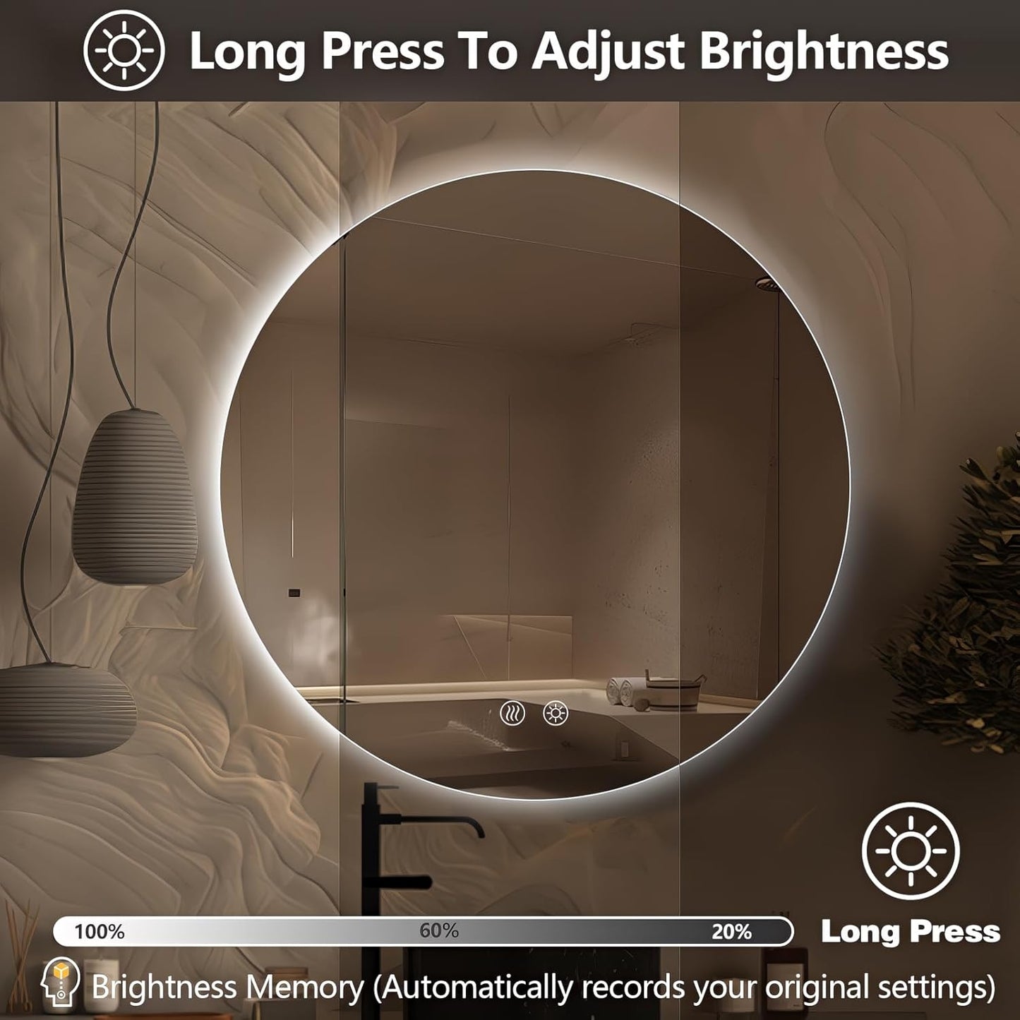 Niccy Round Led Mirror for Bathroom, 28" Circle Frameless Backlit Mirror wiht Light, Anti-Fog, 3 Colors, Waterproof, Memory Function