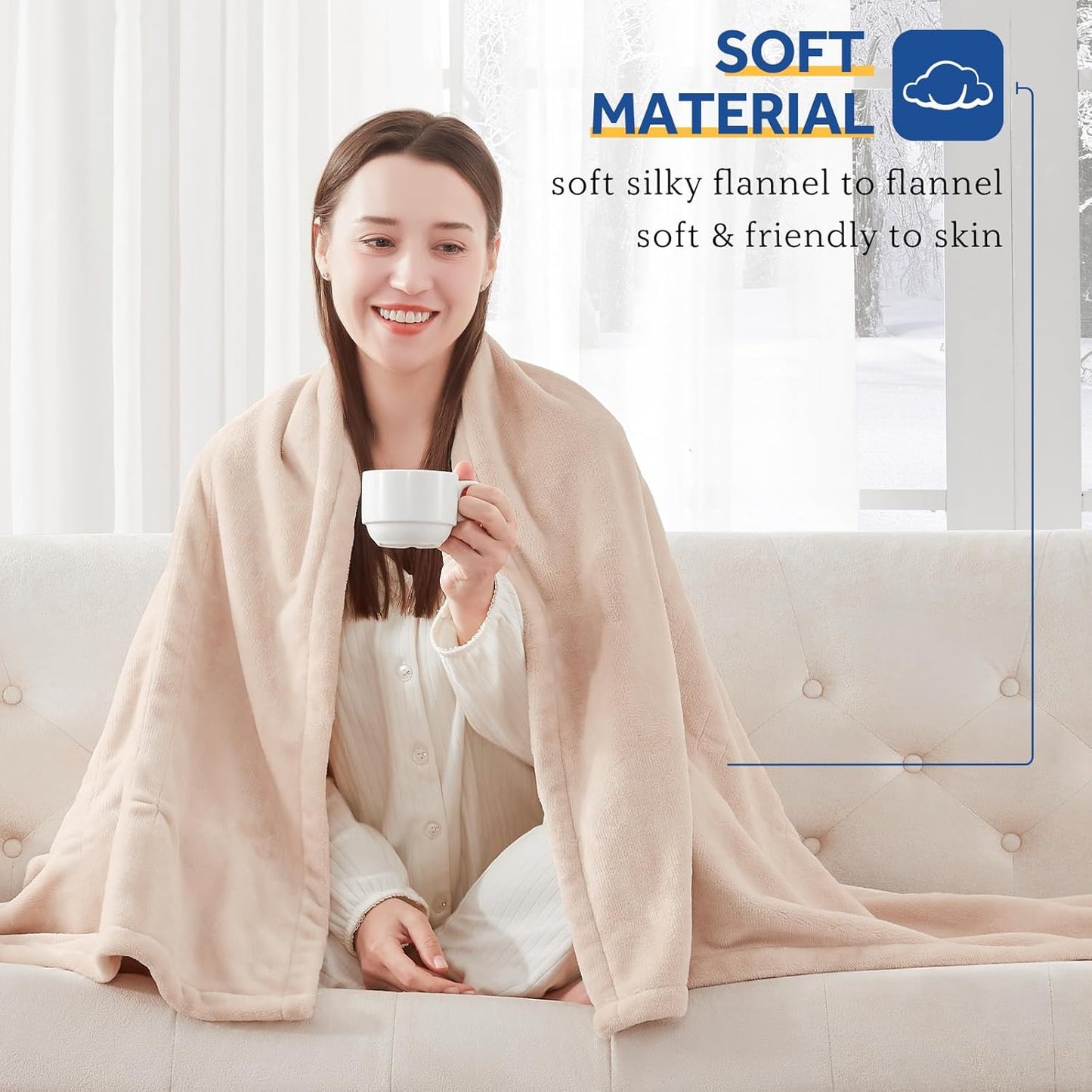 Sealy Electric Blanket King Size, Flannel Heated Blanket with10 Heating Levels & Auto Shut Off, Machine Washable, Beige, 100 x 90 Inch
